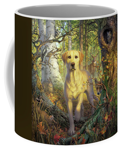 Labrador Coffee Mug featuring the digital art Yellow Lab in Fall by Mark Fredrickson
