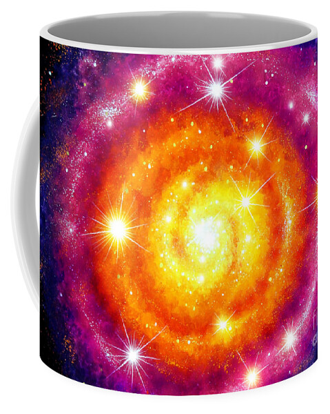 Space Coffee Mug featuring the painting Yellow orange purple spiral galaxy by Sofia Goldberg