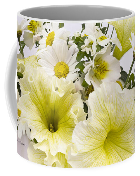 Yellow Petunias Coffee Mug featuring the photograph Yellow Petunias And Daisies by Sandra Foster