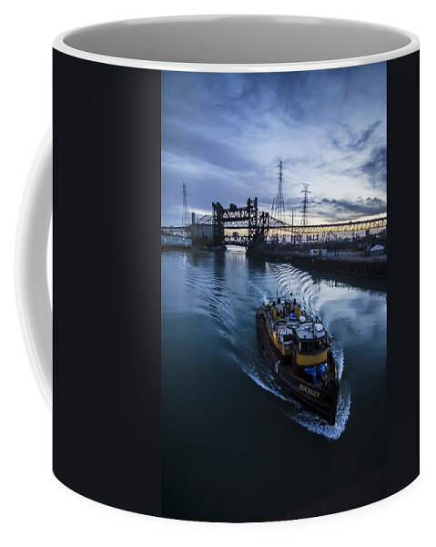 Tug Boat Coffee Mug featuring the photograph Yellow Tug Boat Approaching by Sven Brogren