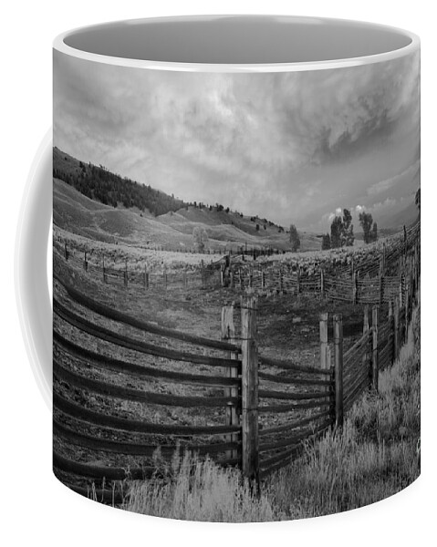  Coffee Mug featuring the photograph Yellowstone Lamar Ranch Sunset Black And White by Adam Jewell