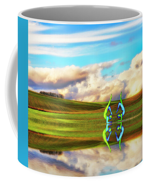 Landscape; Sunlight; Photography; Composite; Painting; Watercolor; Figures; Water; Pond; Reflection; Clouds; Fields; Fees; Blue Skies; Sky; Yoga; Yin Yang; Beautiful; Zen; Balance; Blues; Greens; Yellows; White Coffee Mug featuring the photograph Yoga Reflecting Waters by Dee Browning