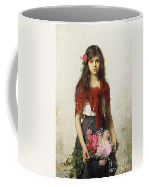 Young Girl With Blossoms Coffee Mug featuring the painting Young girl with blossoms by Alexei Alexevich Harlamoff