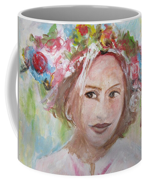 Girl Coffee Mug featuring the painting Ukrainian Girl with Flowers by Denice Palanuk Wilson