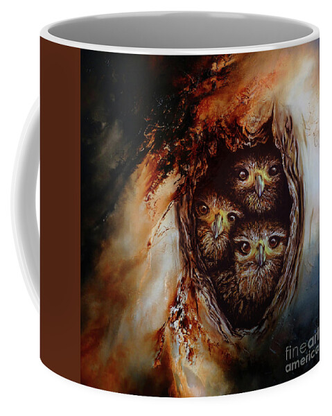 Owl Coffee Mug featuring the painting Young Owls by Gull G