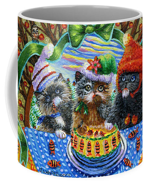 Kittens Black Coffee Mug featuring the painting Yummy Fish Cake by Jacquelin L Vanderwood Westerman