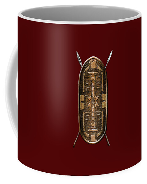 'war Shields' Collection By Serge Averbukh Coffee Mug featuring the digital art Zande War Shield with Spears on Red Velvet by Serge Averbukh
