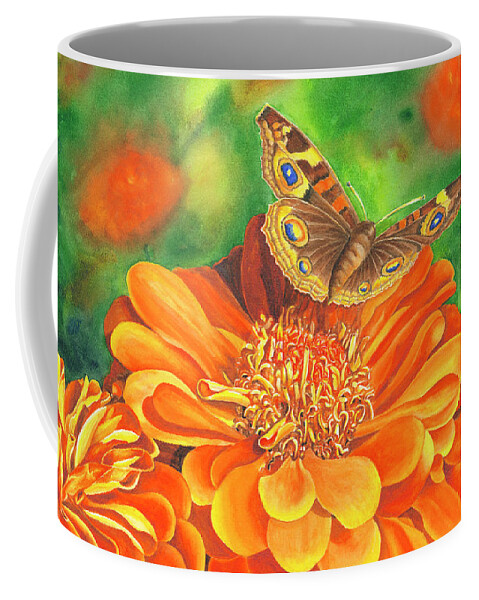 Zinnia With Butterfly Coffee Mug featuring the painting Zinnia Runway by Lori Taylor