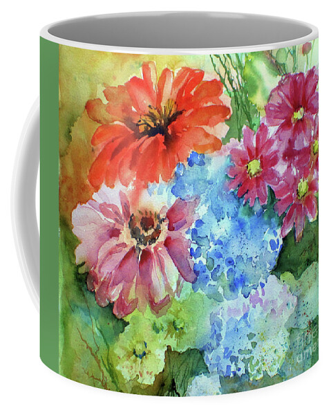 Zinnias Flowers Summer Watercolor Hydrangeas  Coffee Mug featuring the painting Zinnias by Mary Lou McCambridge