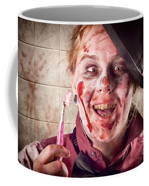 Dentist Coffee Mug featuring the photograph Zombie at dentist holding toothbrush. Tooth decay by Jorgo Photography
