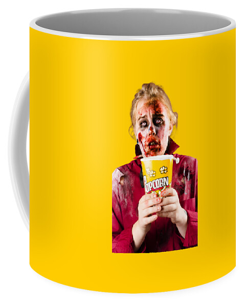 Scary Coffee Mug featuring the photograph Zombie woman watching scary movie with popcorn by Jorgo Photography