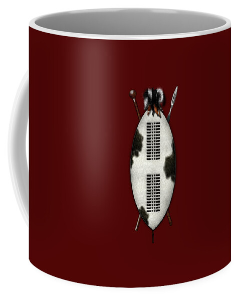 'war Shields' Collection By Serge Averbukh Coffee Mug featuring the digital art Zulu War Shield with Spear and Club on Red Velvet by Serge Averbukh
