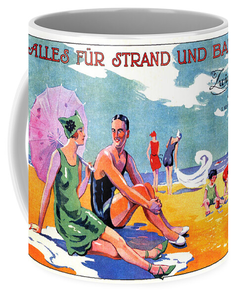 Vintage Coffee Mug featuring the mixed media Zwieback, Vienna, Austria - Family at the Beach - Vintage Travel Advertising Poster by Studio Grafiikka