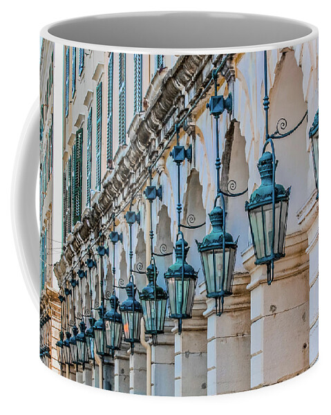 Arch Coffee Mug featuring the photograph Arches and Lamps in Greece #1 by Darryl Brooks