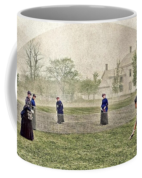 Colorized Coffee Mug featuring the painting Badminton, May 15, 1886 by Abbot Academy colorized by Ahmet Asar colorized by Ahmet Asar #1 by Celestial Images