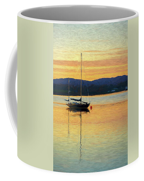 Beautiful Coffee Mug featuring the digital art Boat On A Lake at Sunset by Rick Deacon