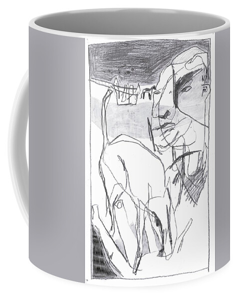 Drawing Coffee Mug featuring the drawing Dog and owner #1 by Edgeworth Johnstone