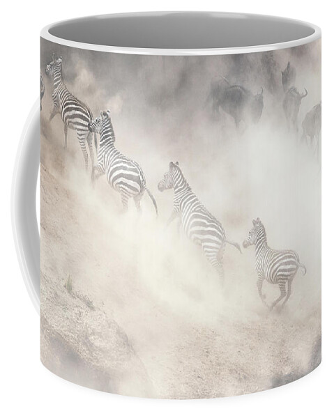 Wildlife Coffee Mug featuring the photograph Dramatic Dusty Great Migration in Kenya by Good Focused