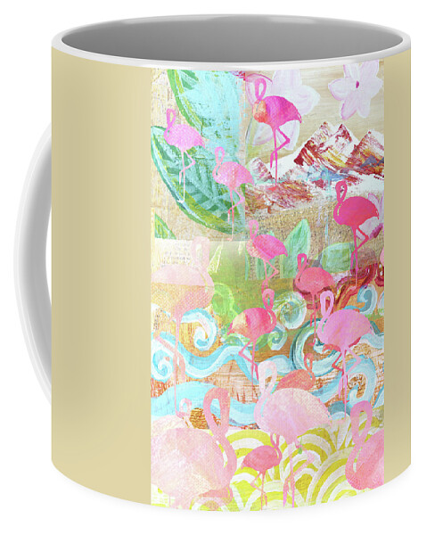 Flamingo Collage Coffee Mug featuring the mixed media Flamingo Collage by Claudia Schoen