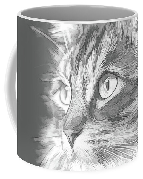 Cat Coffee Mug featuring the digital art Focused Cat Black And White Sketch by Rick Deacon