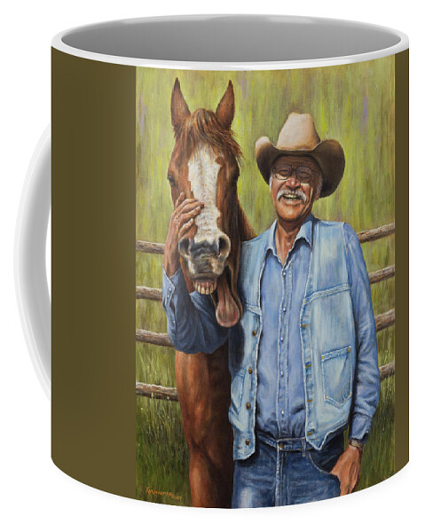 Cowboy Coffee Mug featuring the painting Horsin' Around by Kim Lockman