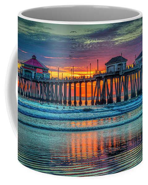 Huntington Beach Coffee Mug featuring the photograph Huntington Beach Pier Sunset by David Zanzinger