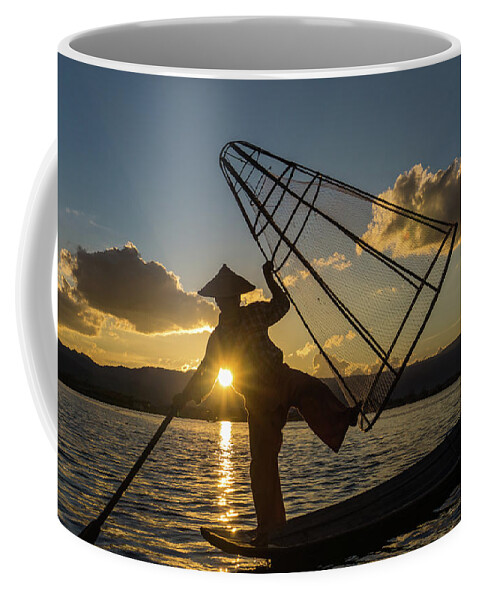 Fisherman Coffee Mug featuring the photograph Intha fisherman on Lake Inle in Myanmar #2 by Ann Moore