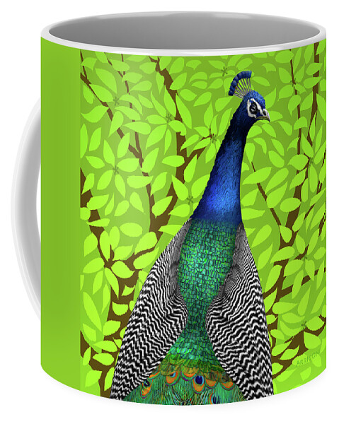 Peacock In Tree Coffee Mug featuring the painting Peacock in Tree, Lime Green, Square by David Arrigoni