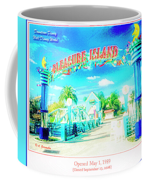 Pleasure Island Coffee Mug featuring the digital art Pleasure Island Sign and Walkway Downtown Disney #2 by A Macarthur Gurmankin