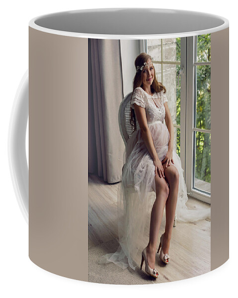 Pregnant Girl In White Dress Sitting On A Chair #1 Coffee Mug by Elena  Saulich - Pixels