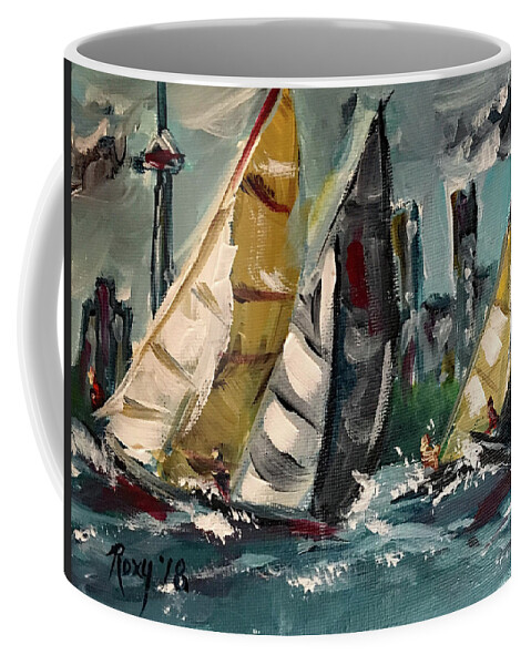 Harbor Coffee Mug featuring the painting Racing Day by Roxy Rich