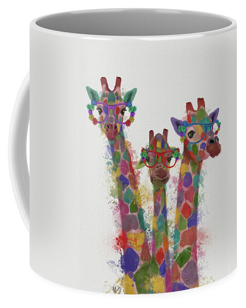 Steampunk Coffee Mug featuring the painting Rainbow Splash Giraffe Trio by Fab Funky