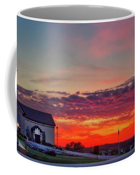 Norwegian Lutheran Church Koshkonong Wisconsin History Historical Oldest Elca Heritage Norway Sunset Cemetery Red Purple Sky Panorama Coffee Mug featuring the photograph St Paul Liberty Lutheran Church in Deerfield WI 1 of 2 #2 by Peter Herman