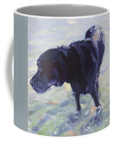 Black Lab Coffee Mug featuring the painting The Wader by Sheila Wedegis