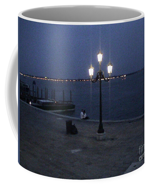 Venice Coffee Mug featuring the photograph Venice Italy San Marco Square Pier Promenade At Sunset Light Pole Romantic Couple Panoramic View #1 by John Shiron