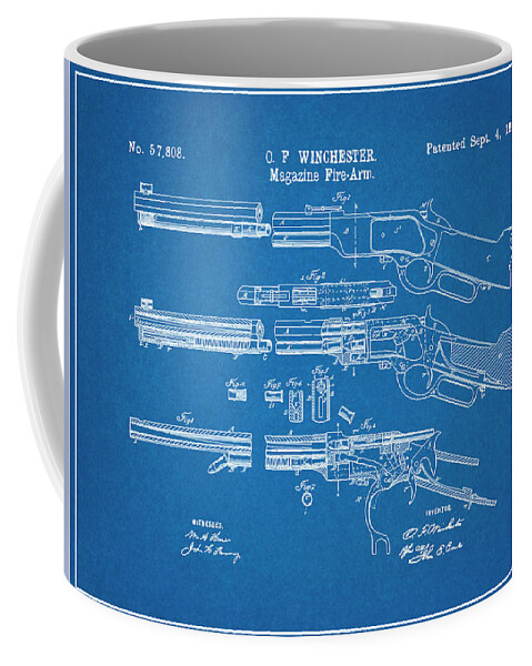1866 Winchester Lever Action Rifle Patent Print Coffee Mug featuring the drawing 1866 Winchester Lever Action Rifle Blueprint Patent Print by Greg Edwards