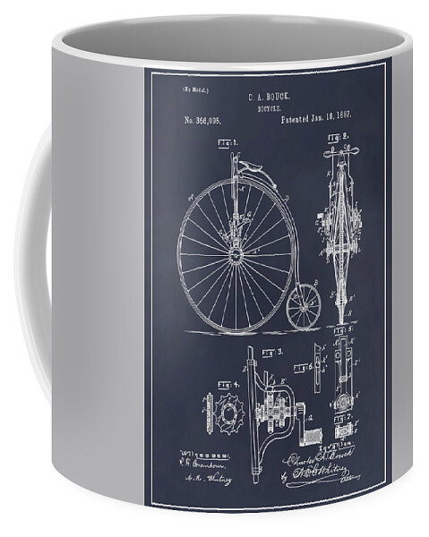 1961 Unicycle Patent Print Coffee Mug featuring the drawing 1887 Bouck Bicycle Blackboard Patent Print by Greg Edwards