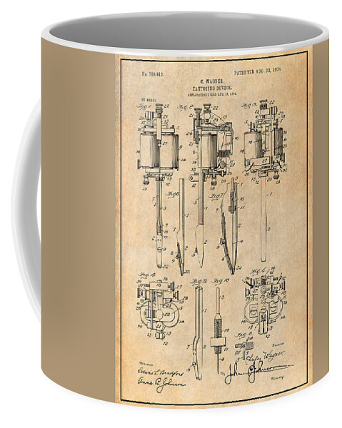 1904 Wagner Tattoo Machine Patent Print Coffee Mug featuring the drawing 1904 Wagner Tattoo Machine Antique Paper Patent Print by Greg Edwards