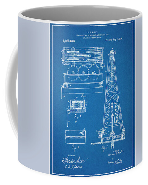 Howard Hughes Coffee Mug featuring the drawing 1916 Howard Hughes Oil Drilling Rig Attachment Patent Print Blueprint by Greg Edwards