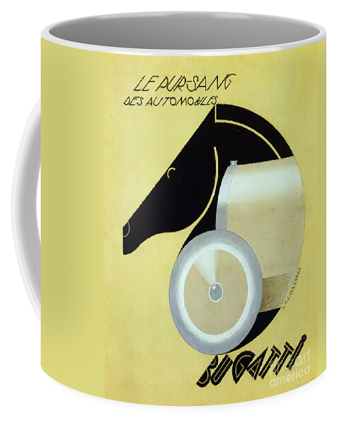 Vintage Coffee Mug featuring the mixed media 1920s Bugatti Le Pur Sang Poster Featuring Car And Horse by Retrographs