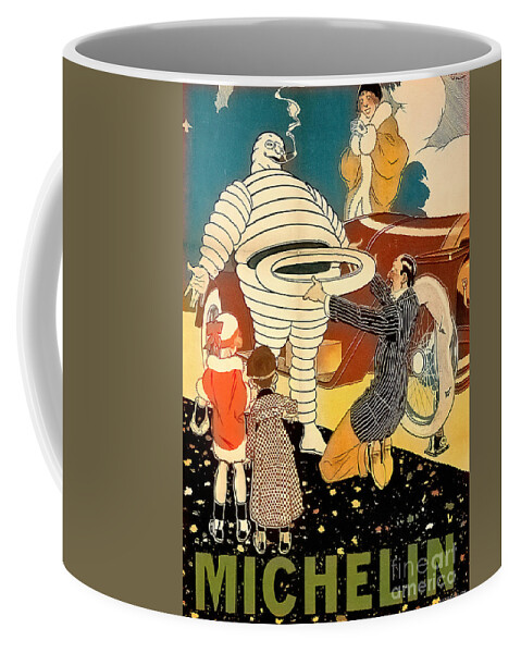 Vintage Coffee Mug featuring the mixed media 1920s Michelin Bibendum Tire Man With Car And Children by Retrographs