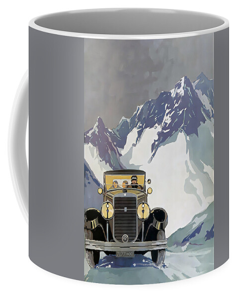 Vintage Coffee Mug featuring the mixed media 1928 Lorraine On Snowy Road Alps Original French Art Deco Illustration by Retrographs