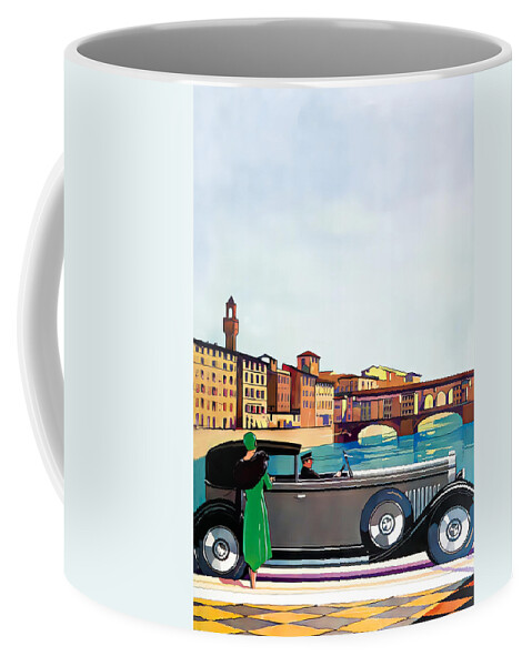 Vintage Coffee Mug featuring the mixed media 1929 Town Car With Driver And Woman Passenger City Canal Original French Art Deco Illustration by Retrographs