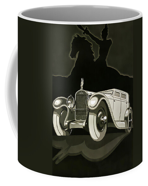 Vintage Coffee Mug featuring the mixed media 1930 Delahaye With Horse And Warrior Original French Art Deco Illustration by Retrographs