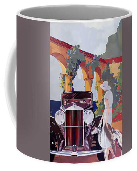 Vintage Coffee Mug featuring the mixed media 1931 Delage With Woman And Dog In Elegant Formal Setting Original French Art Deco Illustration by Retrographs