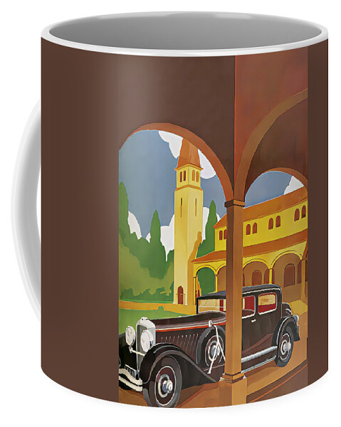 Vintage Coffee Mug featuring the mixed media 1932 Duesenberg Model J Coupe In Courtyard Setting Original French Art Deco Illustration by Retrographs