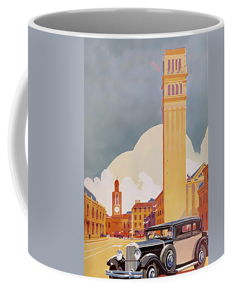 Vintage Coffee Mug featuring the mixed media 1932 Vehicle In City Square Original French Art Deco Illustration by Retrographs
