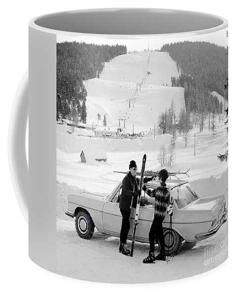 Vintage Coffee Mug featuring the photograph 1960s advertisement Mercedes Benz 250 sedan snow scene with skiers by Retrographs