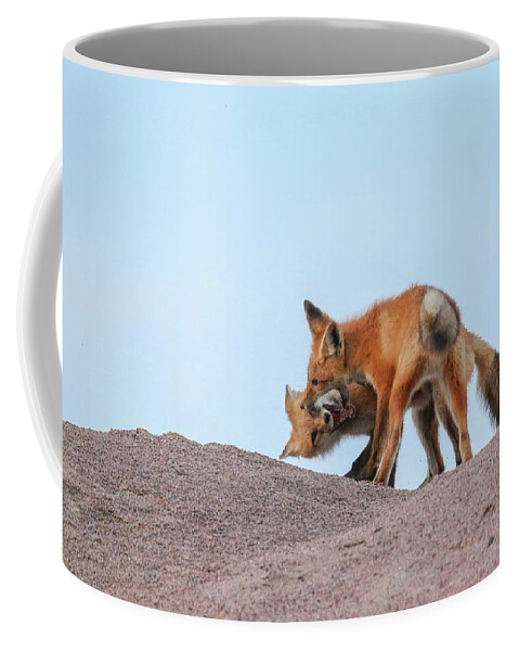 Red Coffee Mug featuring the photograph Playful Fox Kits #2 by Brook Burling