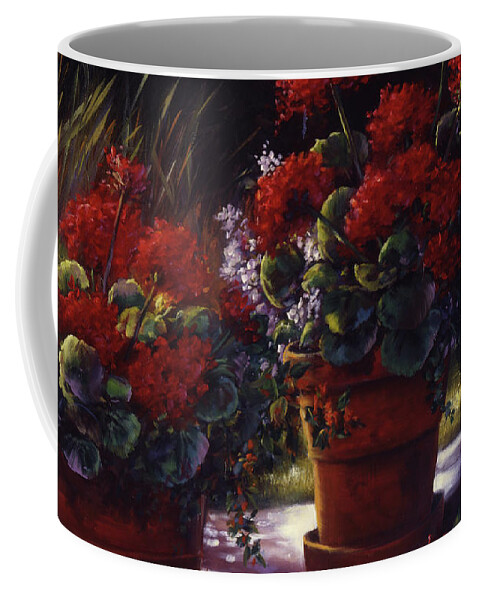 Red Coffee Mug featuring the painting Red Geranium Pots by Lynne Pittard